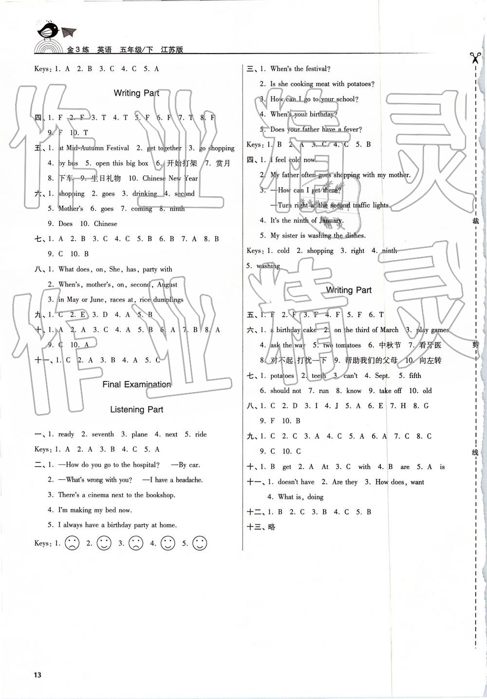 2019年金3練五年級英語下冊江蘇版 參考答案第13頁