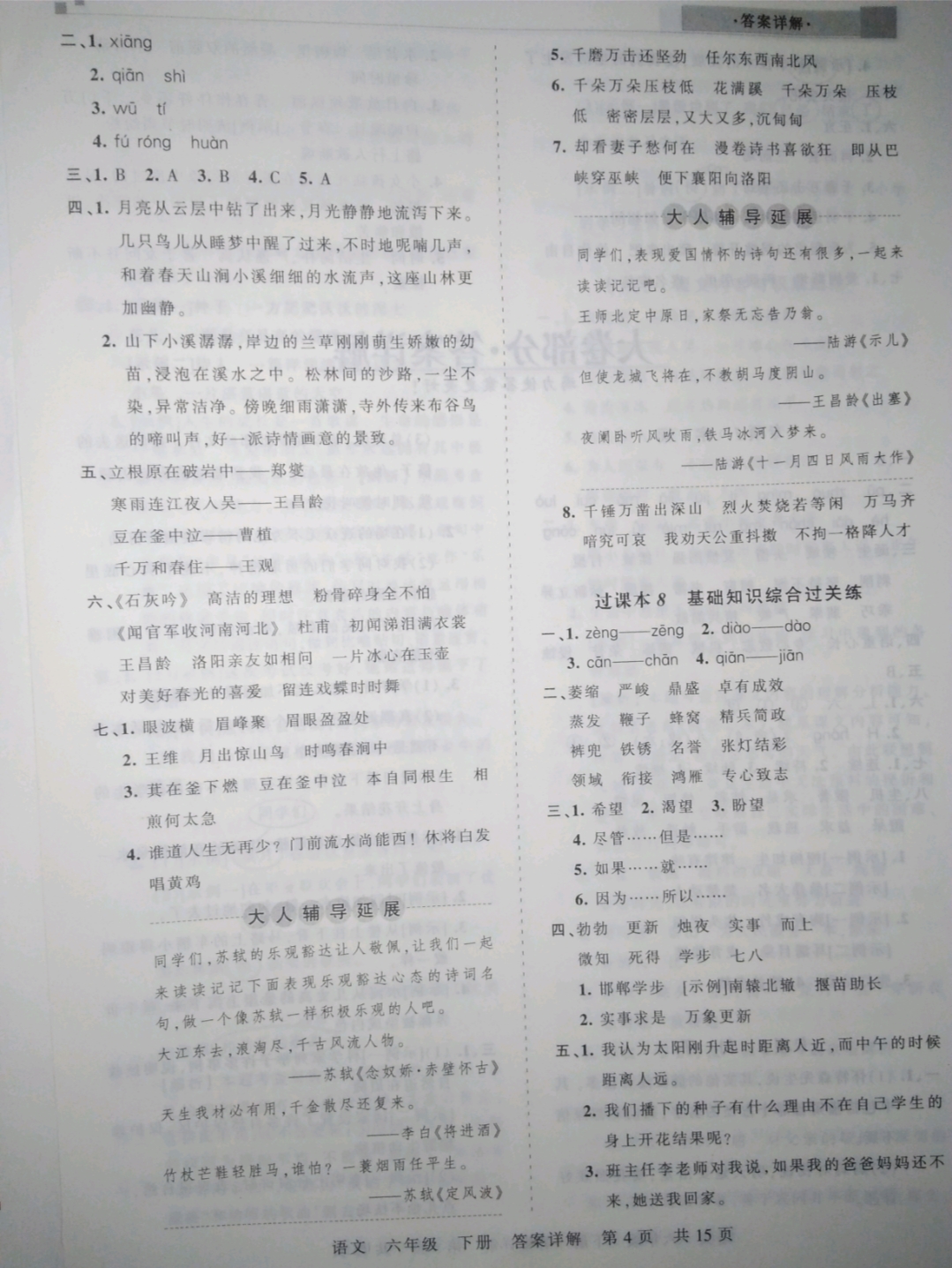 2019年王朝霞期末真題精編六年級(jí)語文下冊(cè)人教版 參考答案第4頁