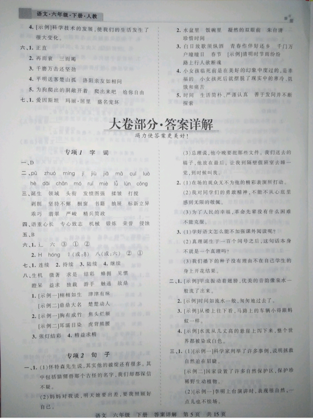 2019年王朝霞期末真題精編六年級語文下冊人教版 參考答案第5頁