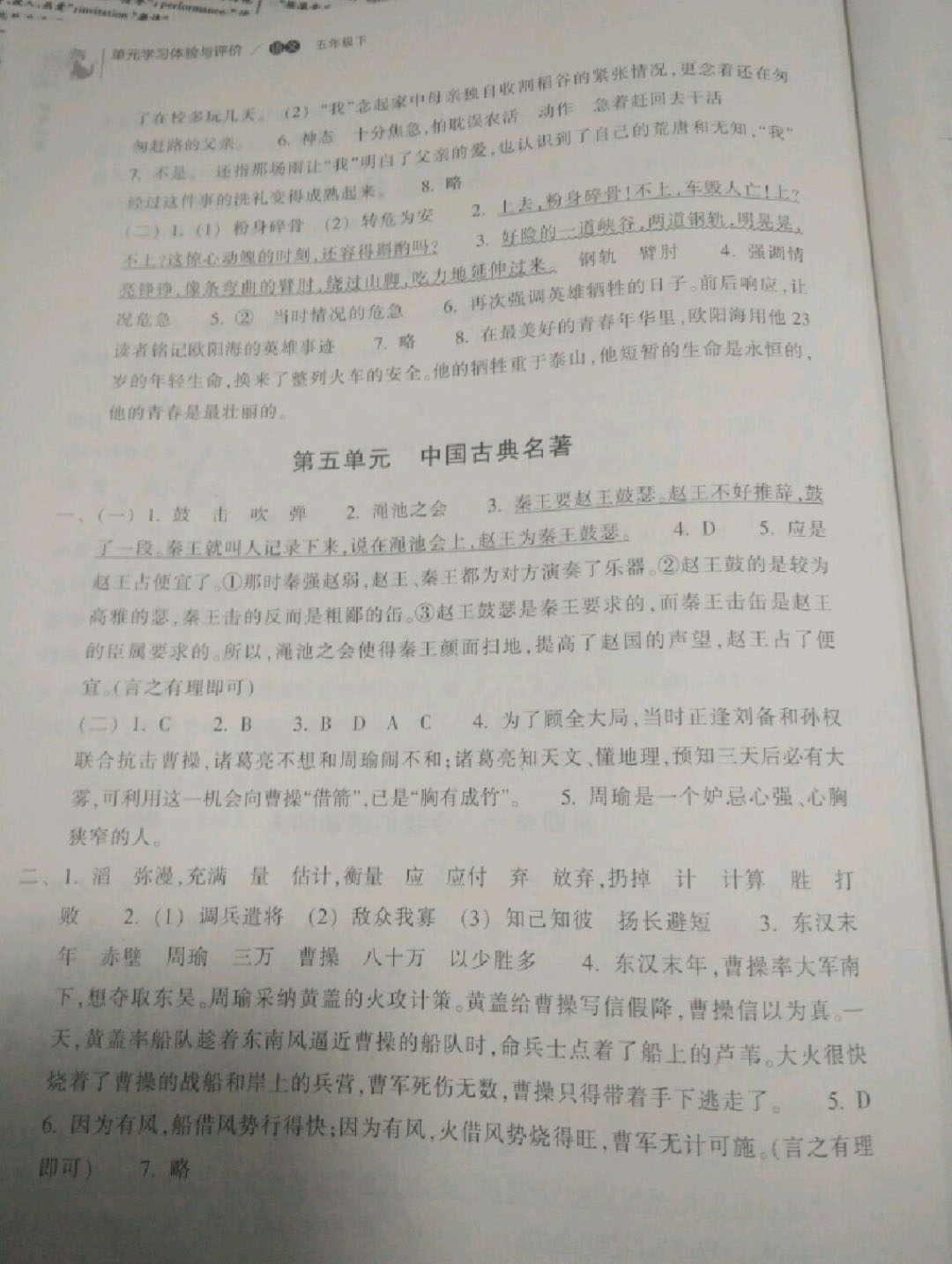 2019年單元學(xué)習(xí)體驗(yàn)與評價(jià)五年級語文下冊 參考答案第3頁