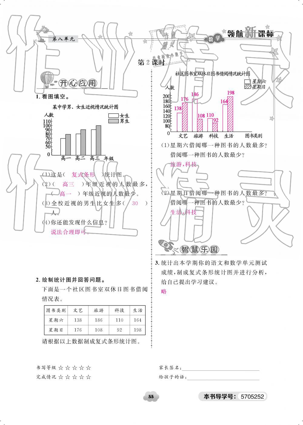 2019年領(lǐng)航新課標(biāo)練習(xí)冊五年級數(shù)學(xué)下冊北師大版 參考答案第55頁