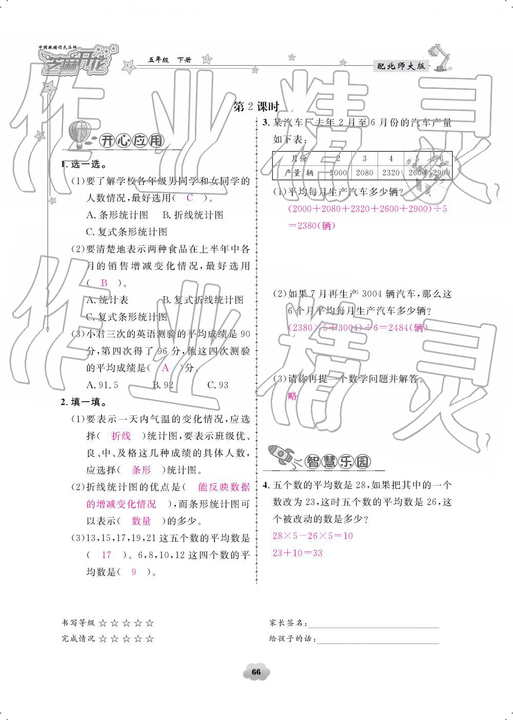 2019年領(lǐng)航新課標(biāo)練習(xí)冊五年級數(shù)學(xué)下冊北師大版 參考答案第66頁