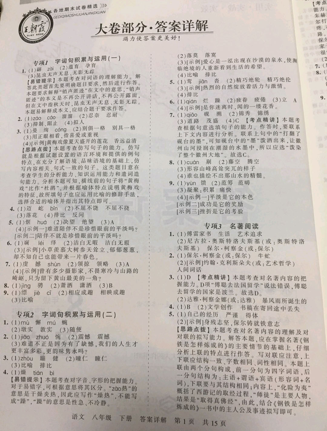 2019年王朝霞各地期末試卷精選八年級(jí)語文下冊(cè)人教版安徽專版 參考答案第1頁