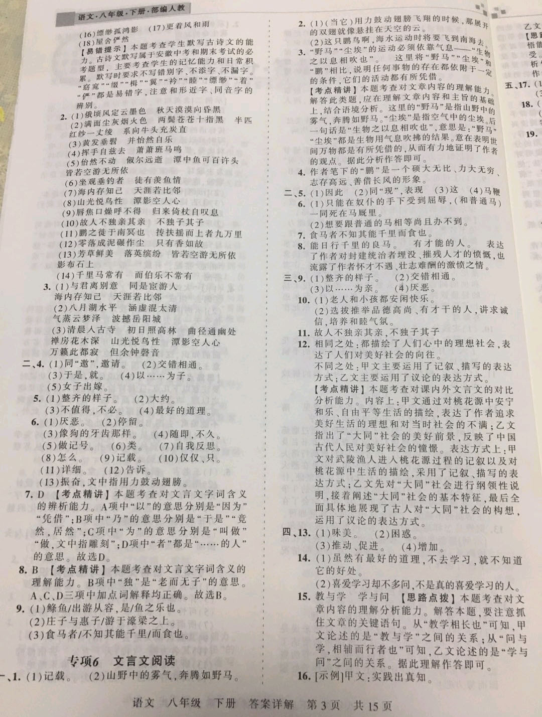 2019年王朝霞各地期末試卷精選八年級(jí)語(yǔ)文下冊(cè)人教版安徽專版 參考答案第3頁(yè)