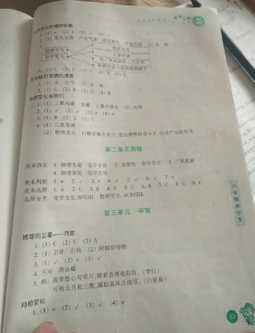 2019年每課一練浙江少年兒童出版社六年級科學下冊 參考答案第3頁