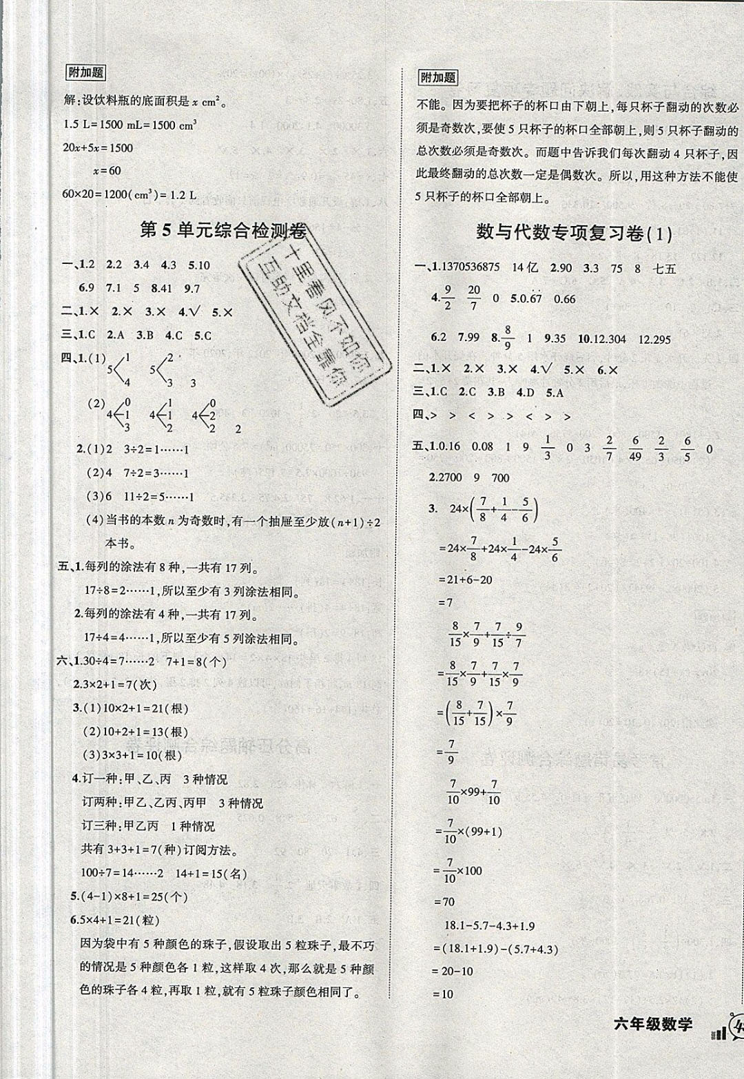 2019年?duì)钤刹怕穭?chuàng)新名卷六年級(jí)數(shù)學(xué)下冊(cè)人教版 參考答案第5頁