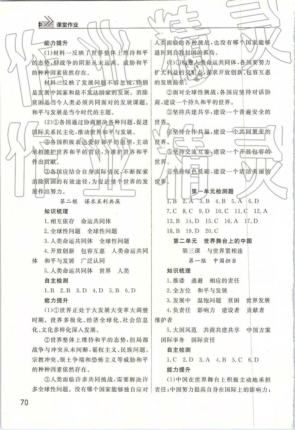 2019年智慧学习课堂作业九年级政治下册人教版 参考答案第2页