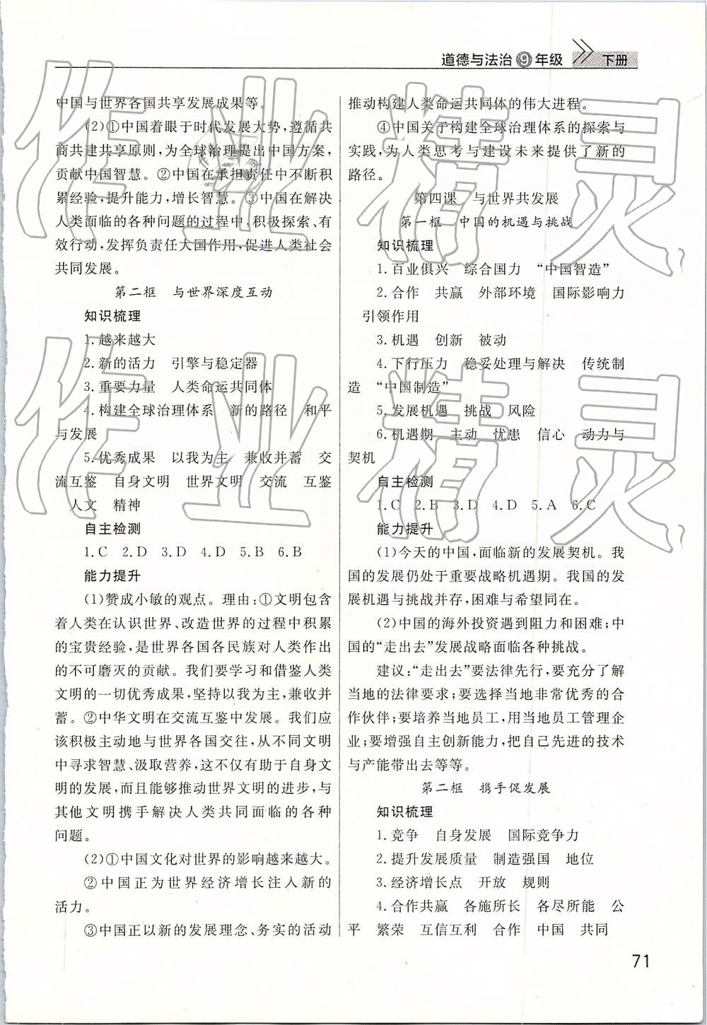 2019年智慧學(xué)習(xí)課堂作業(yè)九年級政治下冊人教版 參考答案第3頁