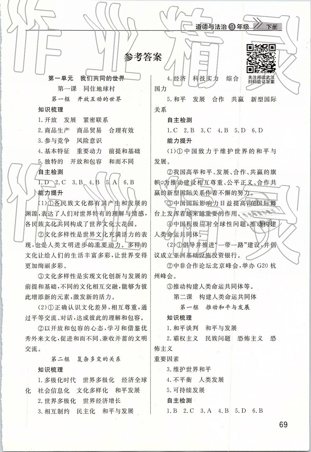 2019年智慧學(xué)習(xí)課堂作業(yè)九年級(jí)政治下冊(cè)人教版 參考答案第1頁(yè)