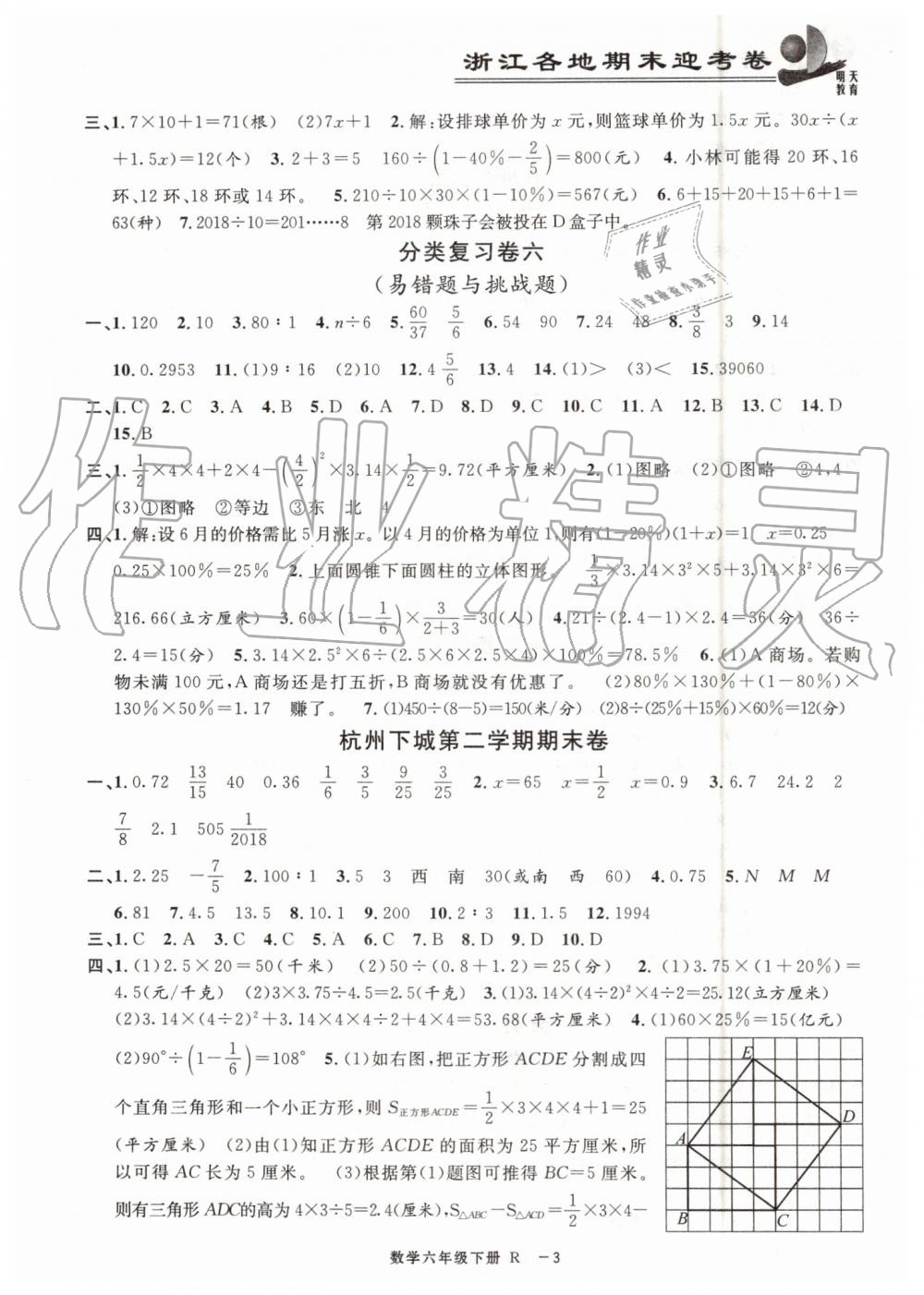 2019年浙江各地期末迎考卷六年級數(shù)學下冊人教版 參考答案第3頁