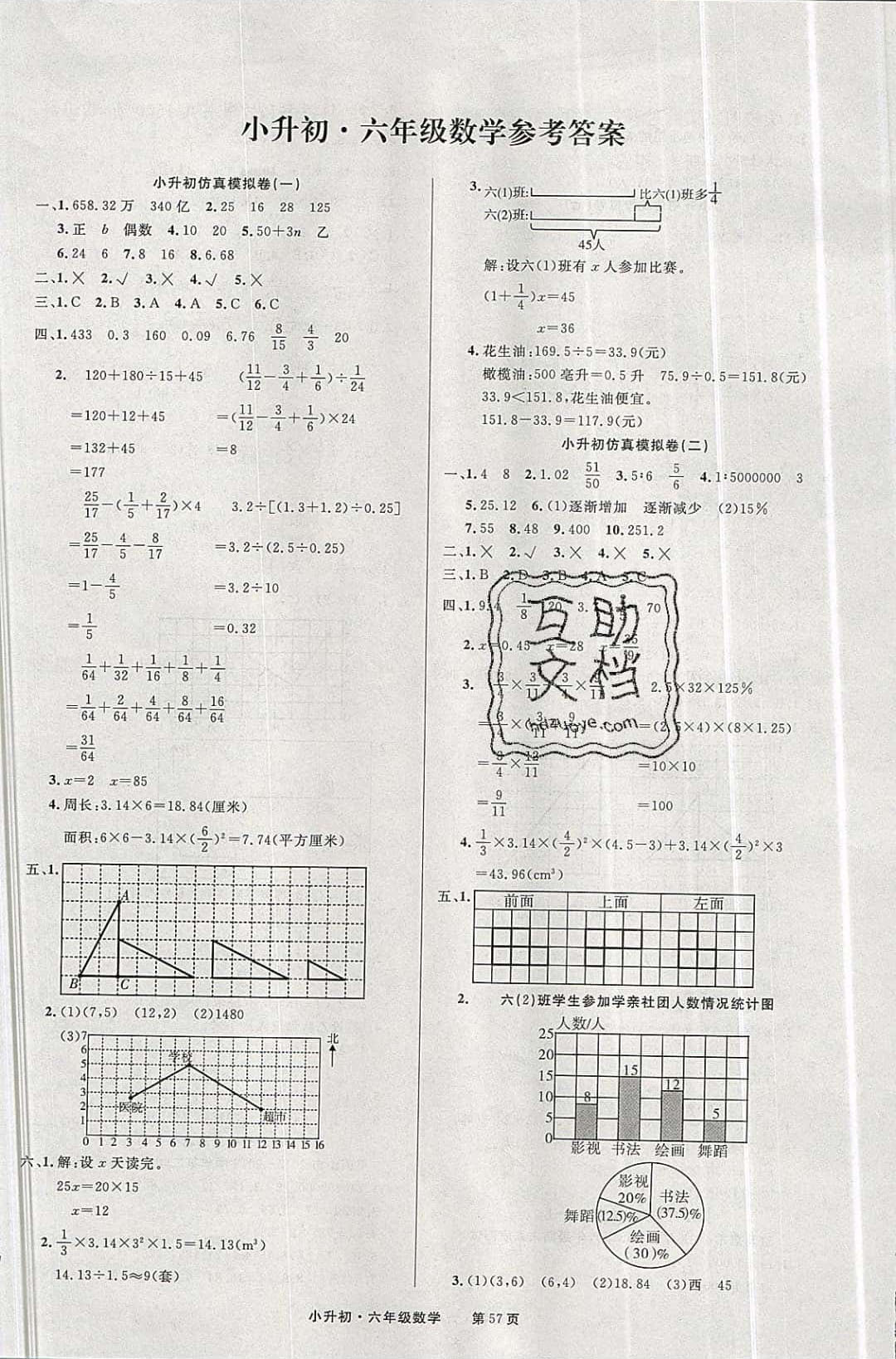 2019年全优考评一卷通六年级数学下册人教版 参考答案第1页