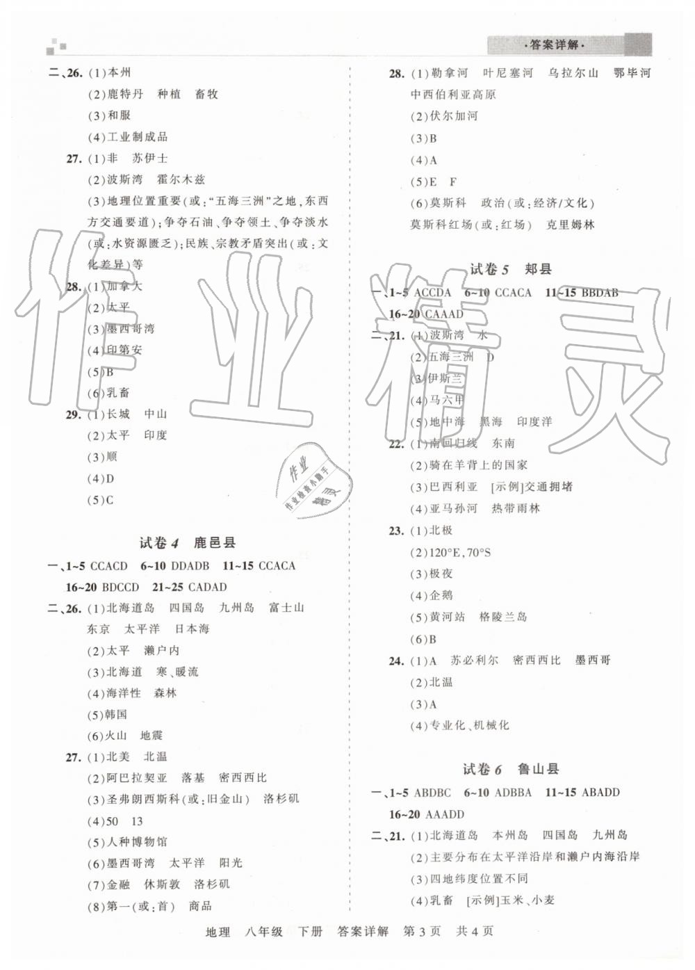 2019年王朝霞各地期末试卷精选八年级地理下册中图版河南专版 参考答案第3页