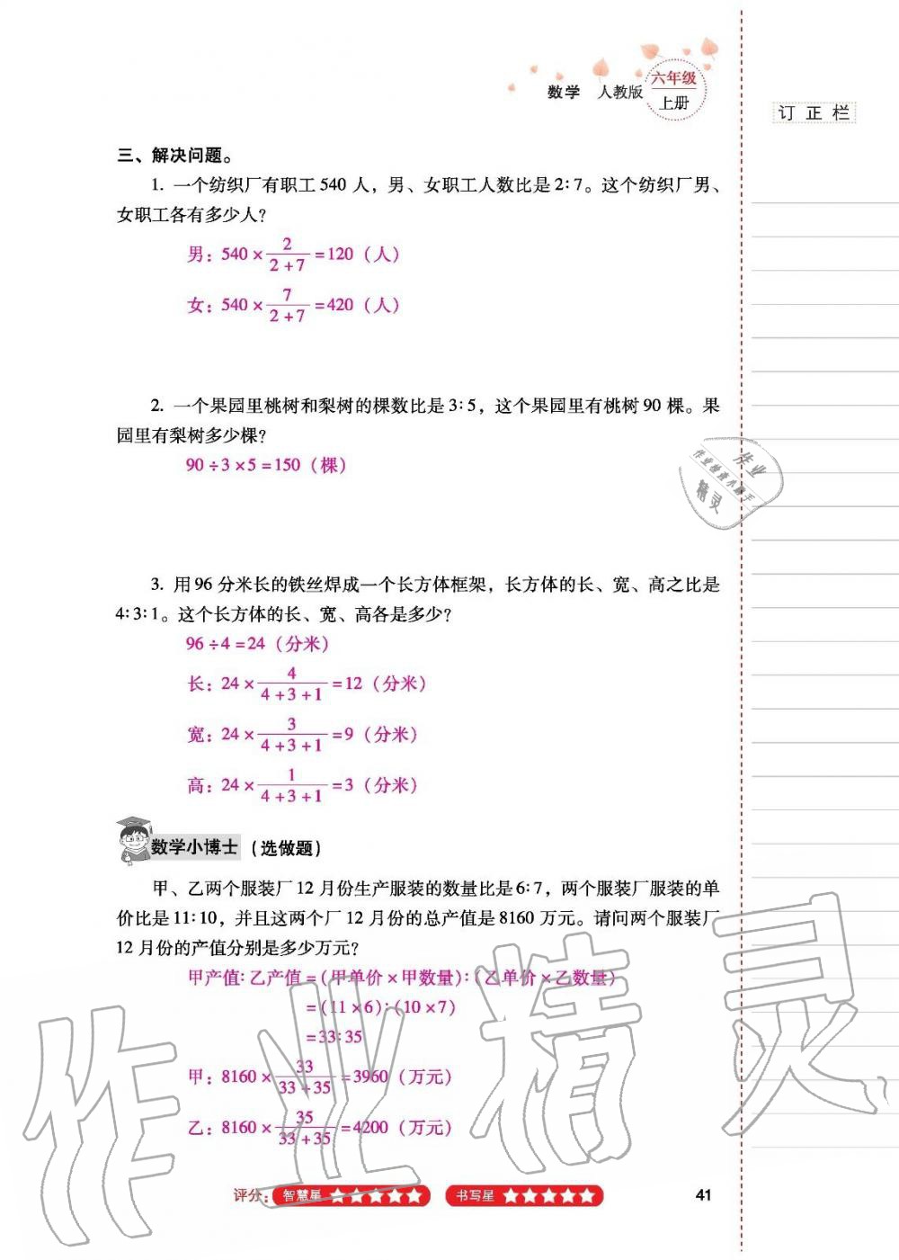 2019年云南省标准教辅同步指导训练与检测六年级数学人教版 参考答案第40页