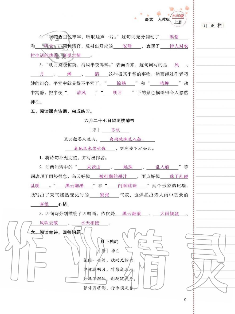 2019年云南省标准教辅同步指导训练与检测六年级语文上册人教版 参考答案第8页