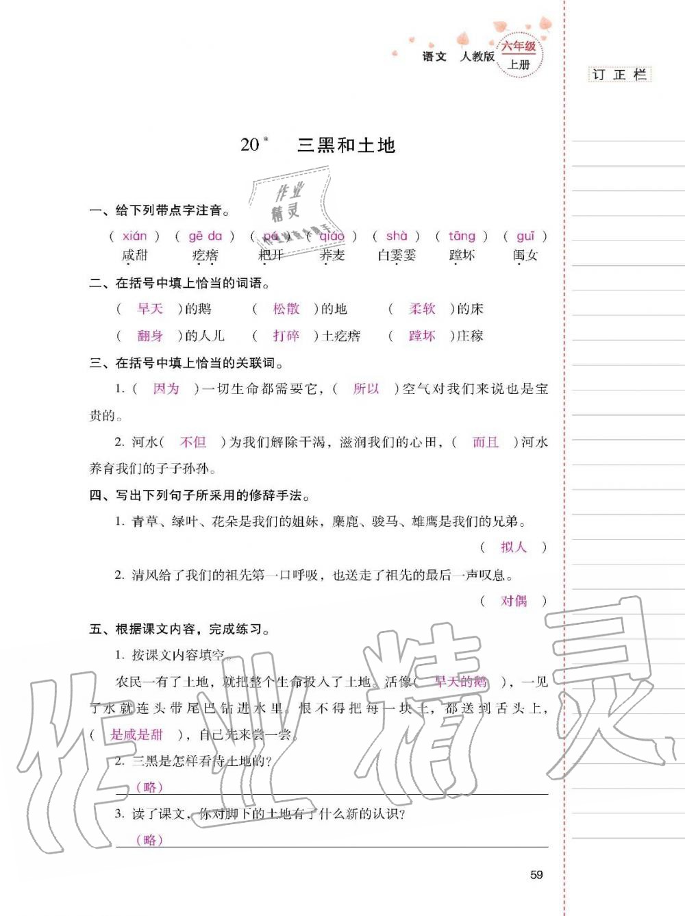 2019年云南省标准教辅同步指导训练与检测六年级语文上册人教版 参考答案第58页