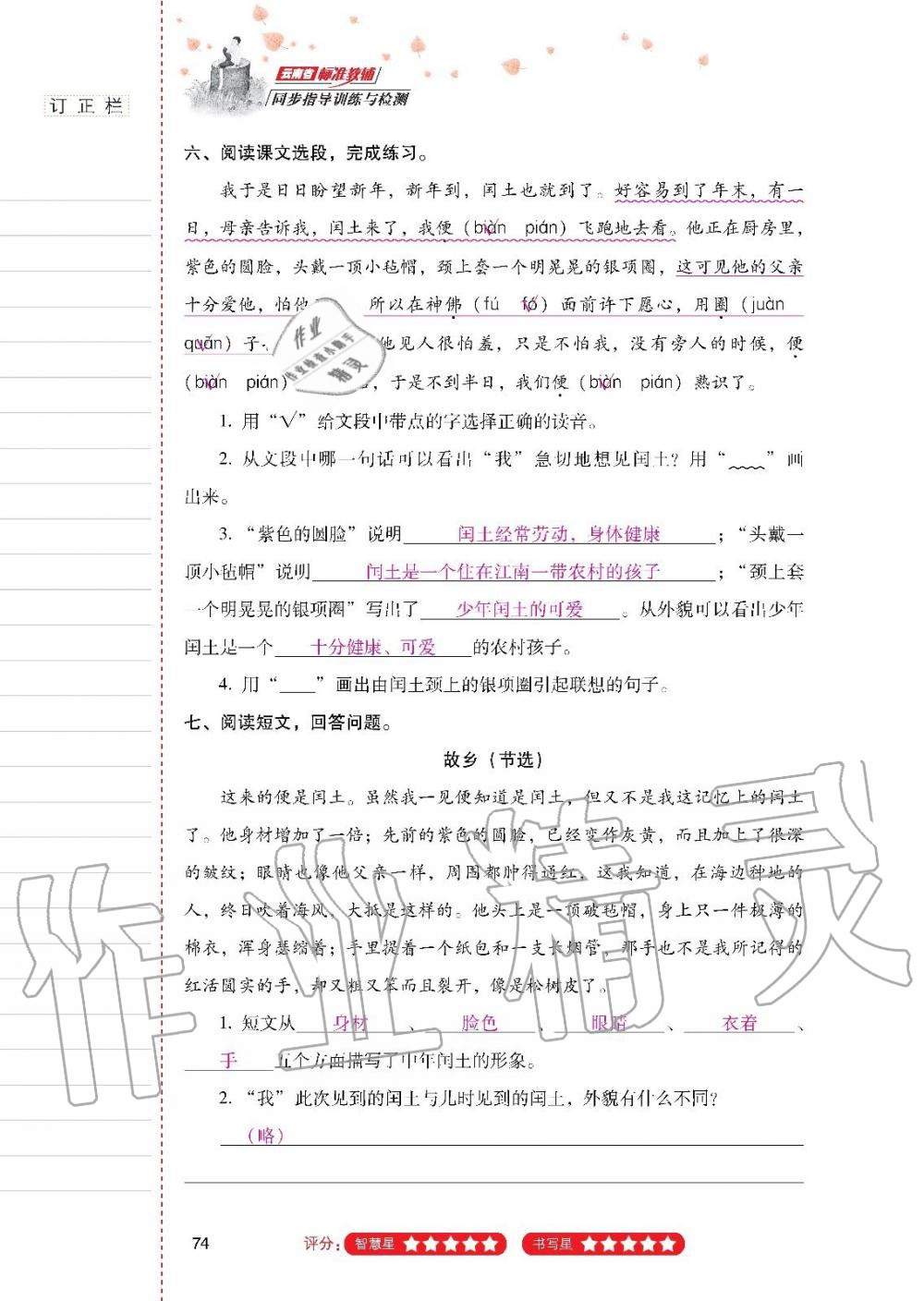 2019年云南省标准教辅同步指导训练与检测六年级语文上册人教版 参考答案第73页