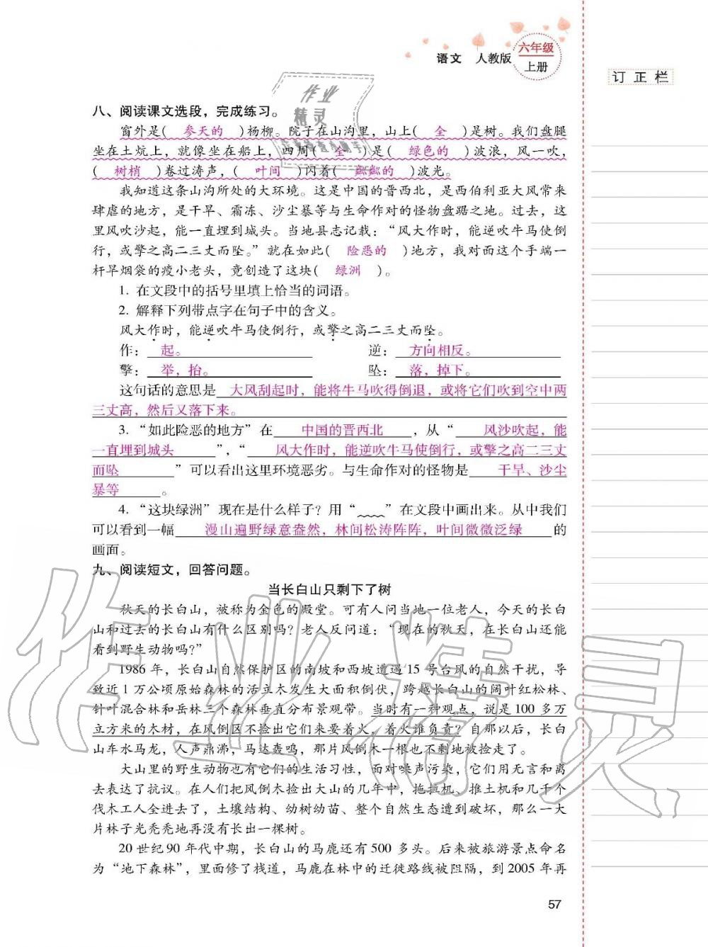 2019年云南省標(biāo)準(zhǔn)教輔同步指導(dǎo)訓(xùn)練與檢測六年級語文上冊人教版 參考答案第56頁