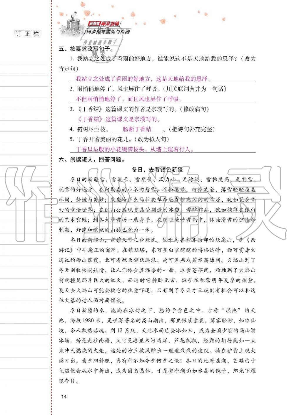 2019年云南省标准教辅同步指导训练与检测六年级语文上册人教版 参考答案第13页