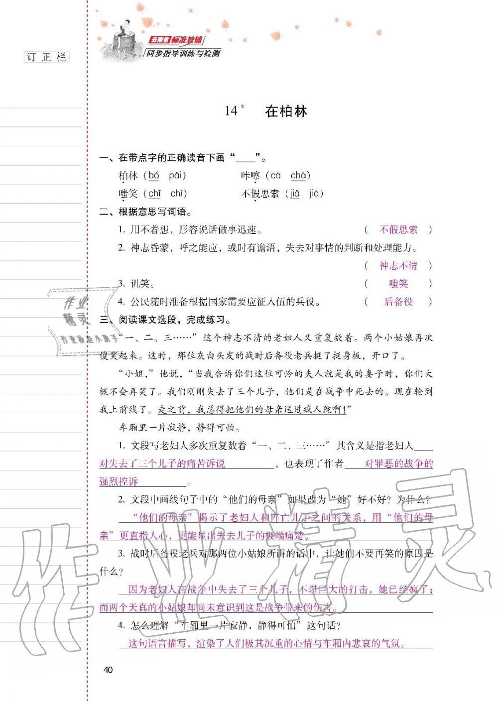 2019年云南省标准教辅同步指导训练与检测六年级语文上册人教版 参考答案第39页