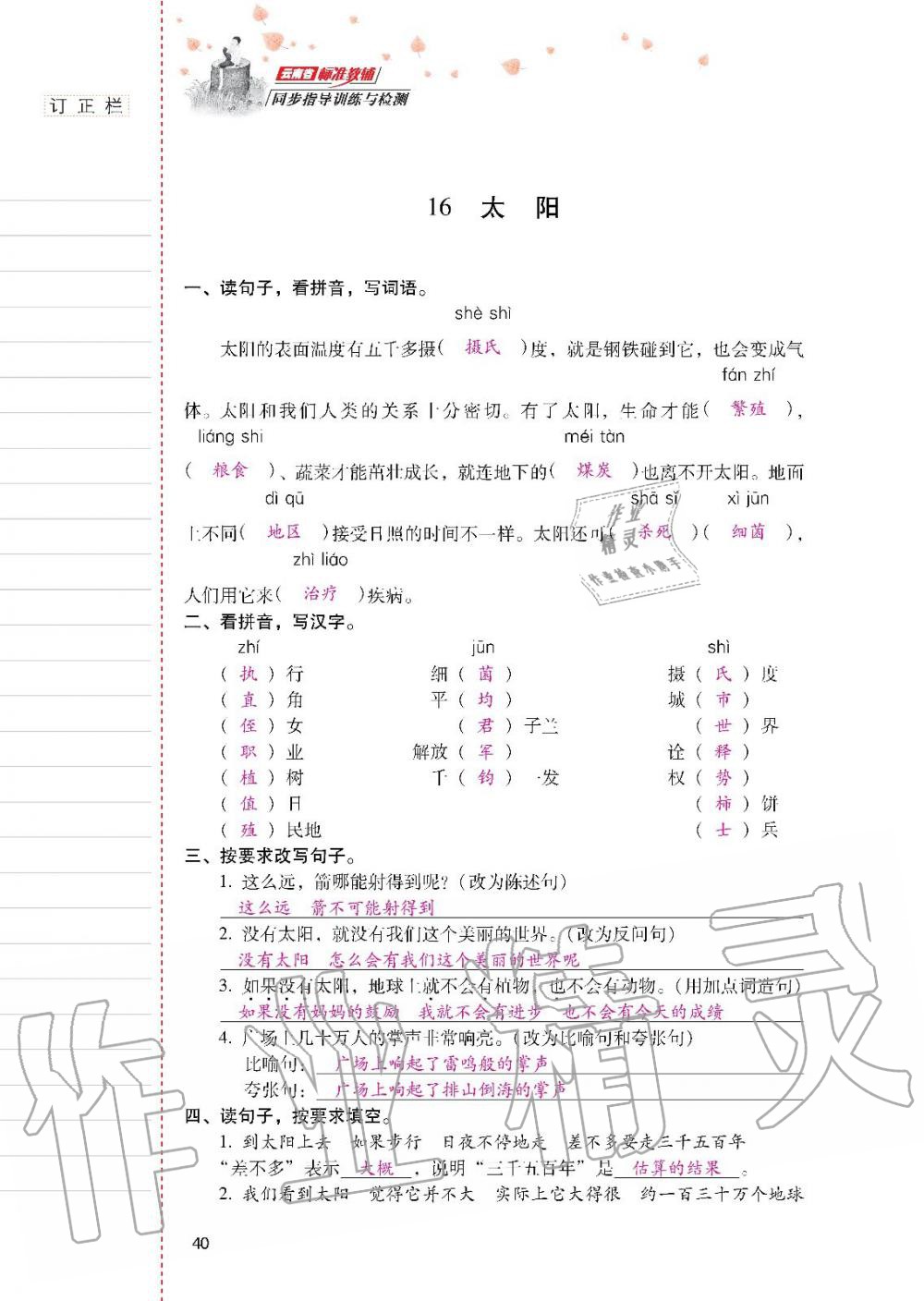 2019年云南省标准教辅同步指导训练与检测五年级语文人教版 参考答案第39页