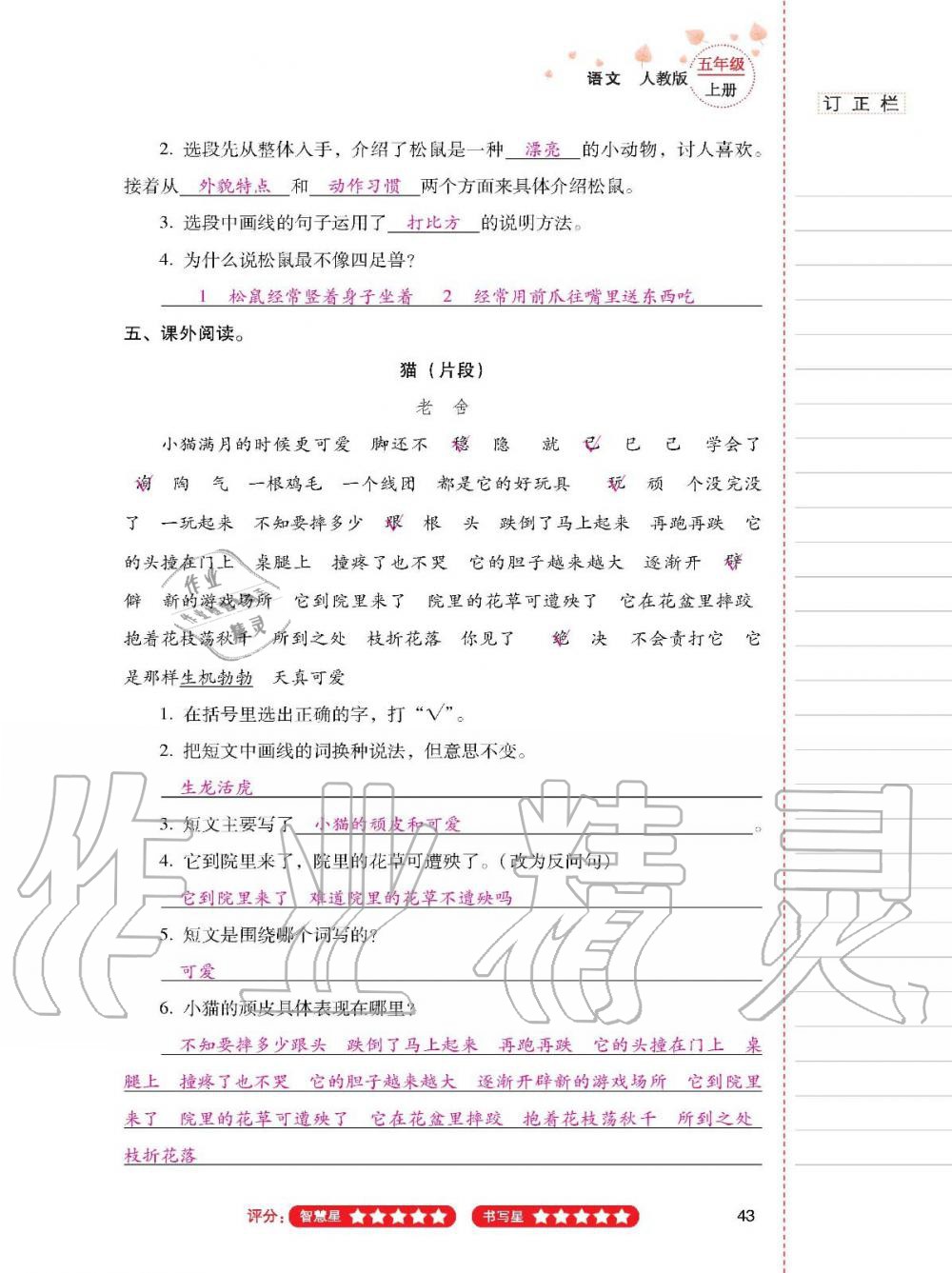 2019年云南省標(biāo)準(zhǔn)教輔同步指導(dǎo)訓(xùn)練與檢測(cè)五年級(jí)語文人教版 參考答案第42頁