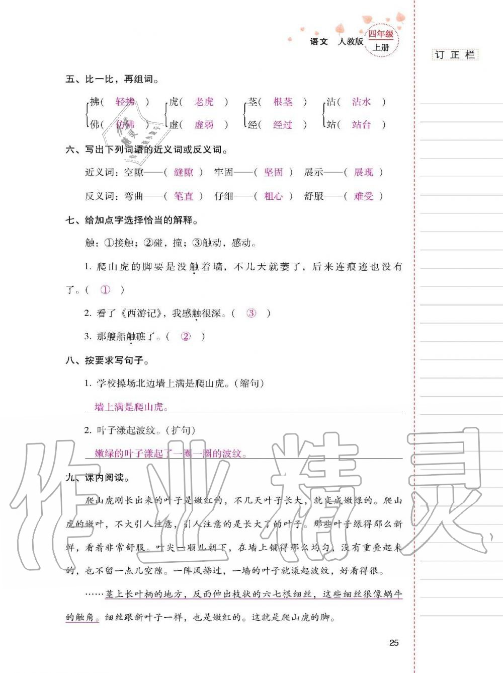 云南省标准教辅同步指导训练与检测四年级语文上册人教版 参考答案第24页