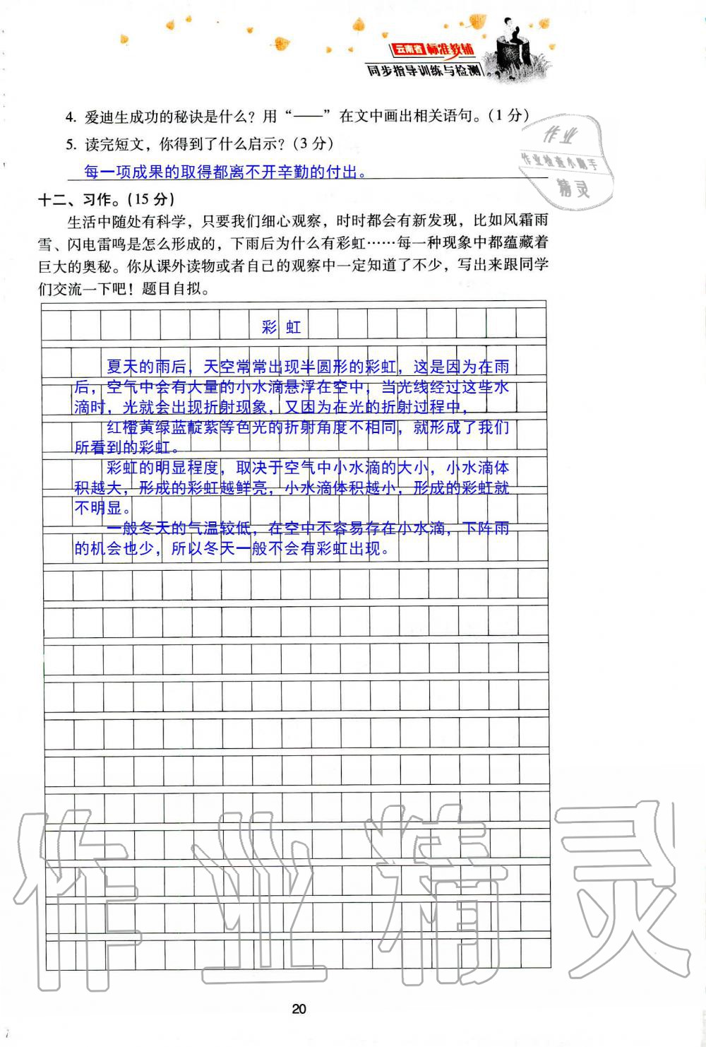 2019年云南省标准教辅同步指导训练与检测三年级语文人教版 参考答案第93页