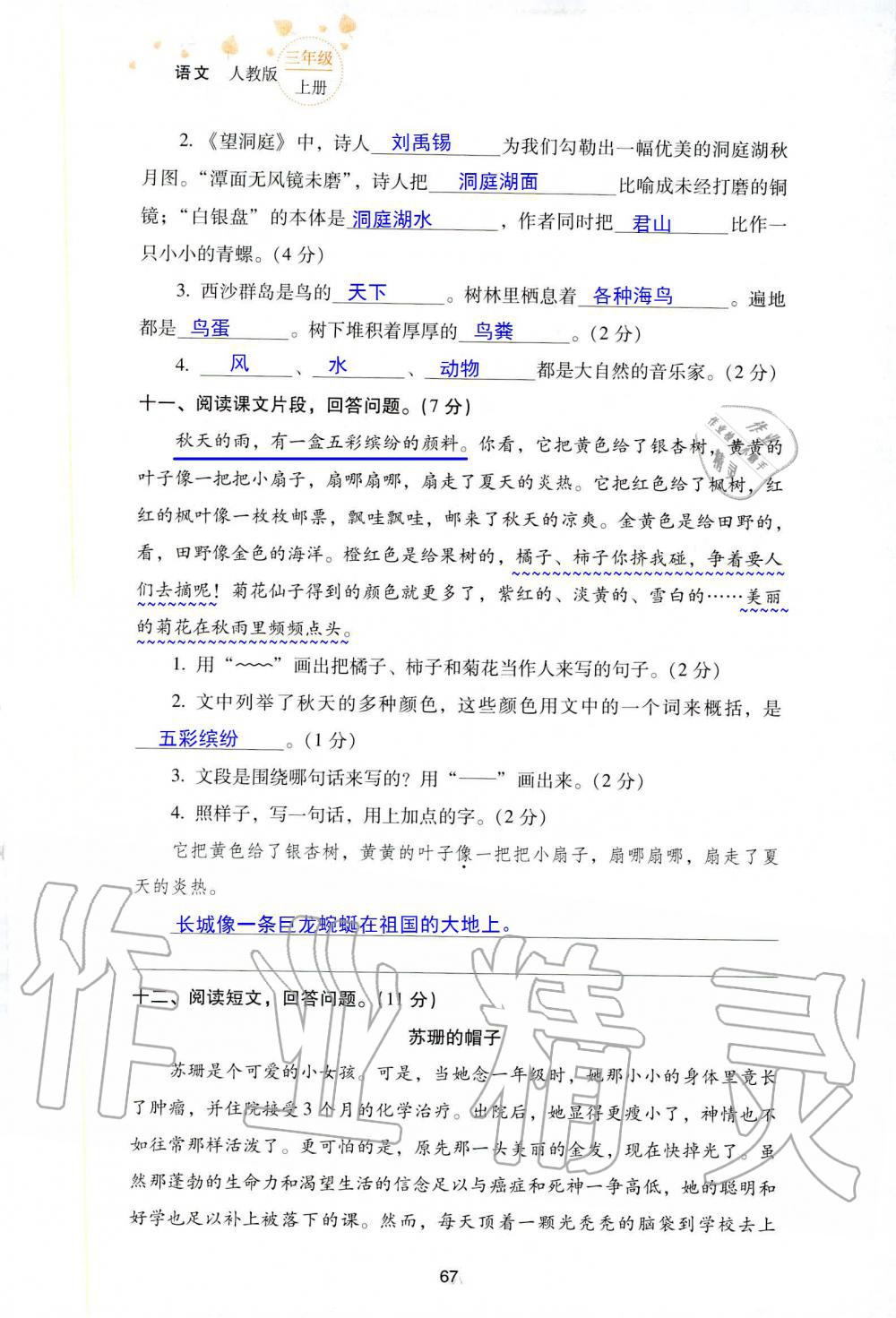 2019年云南省標(biāo)準(zhǔn)教輔同步指導(dǎo)訓(xùn)練與檢測三年級語文人教版 參考答案第140頁