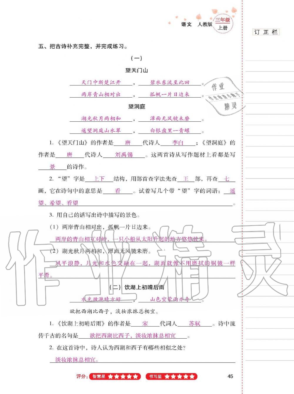 2019年云南省标准教辅同步指导训练与检测三年级语文人教版 参考答案第44页