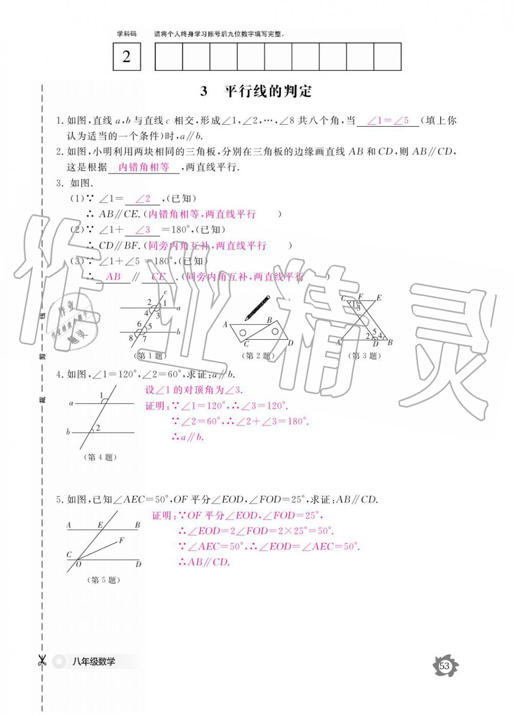 2019年數(shù)學(xué)作業(yè)本八年級上冊北師大版江西教育出版社 參考答案第53頁