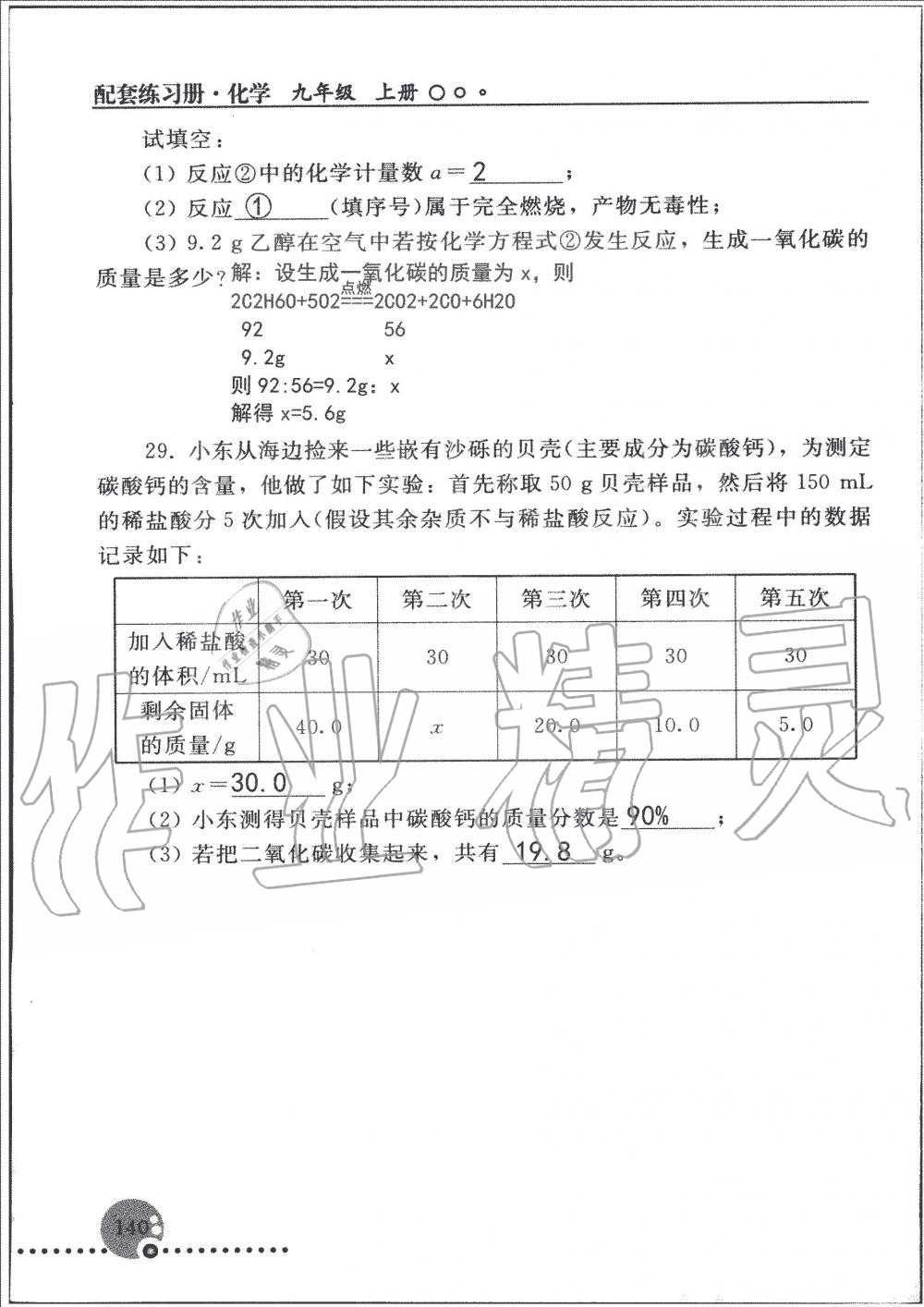 2019年配套練習(xí)冊(cè)九年級(jí)化學(xué)上冊(cè)人教版 第140頁