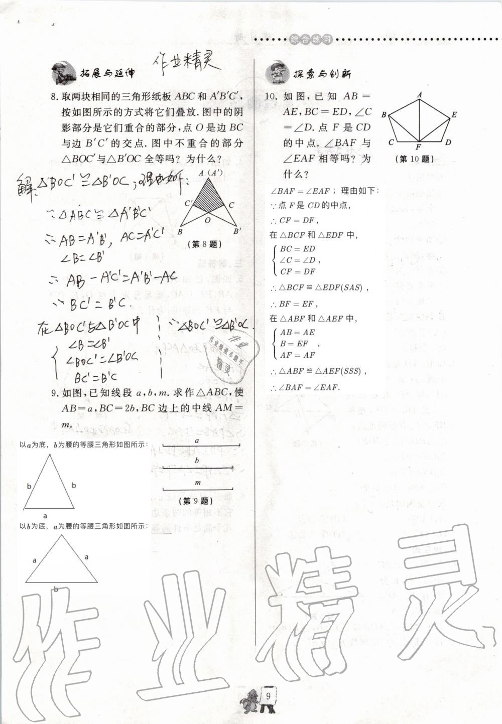 2019年配套练习册八年级数学上册青岛版泰山出版社 参考答案第9页