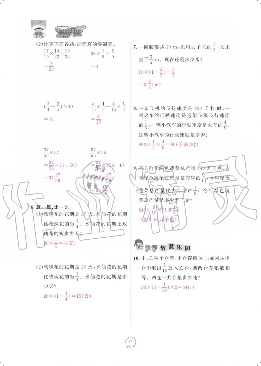 2019年領航新課標數(shù)學練習冊六年級人教版 參考答案第12頁