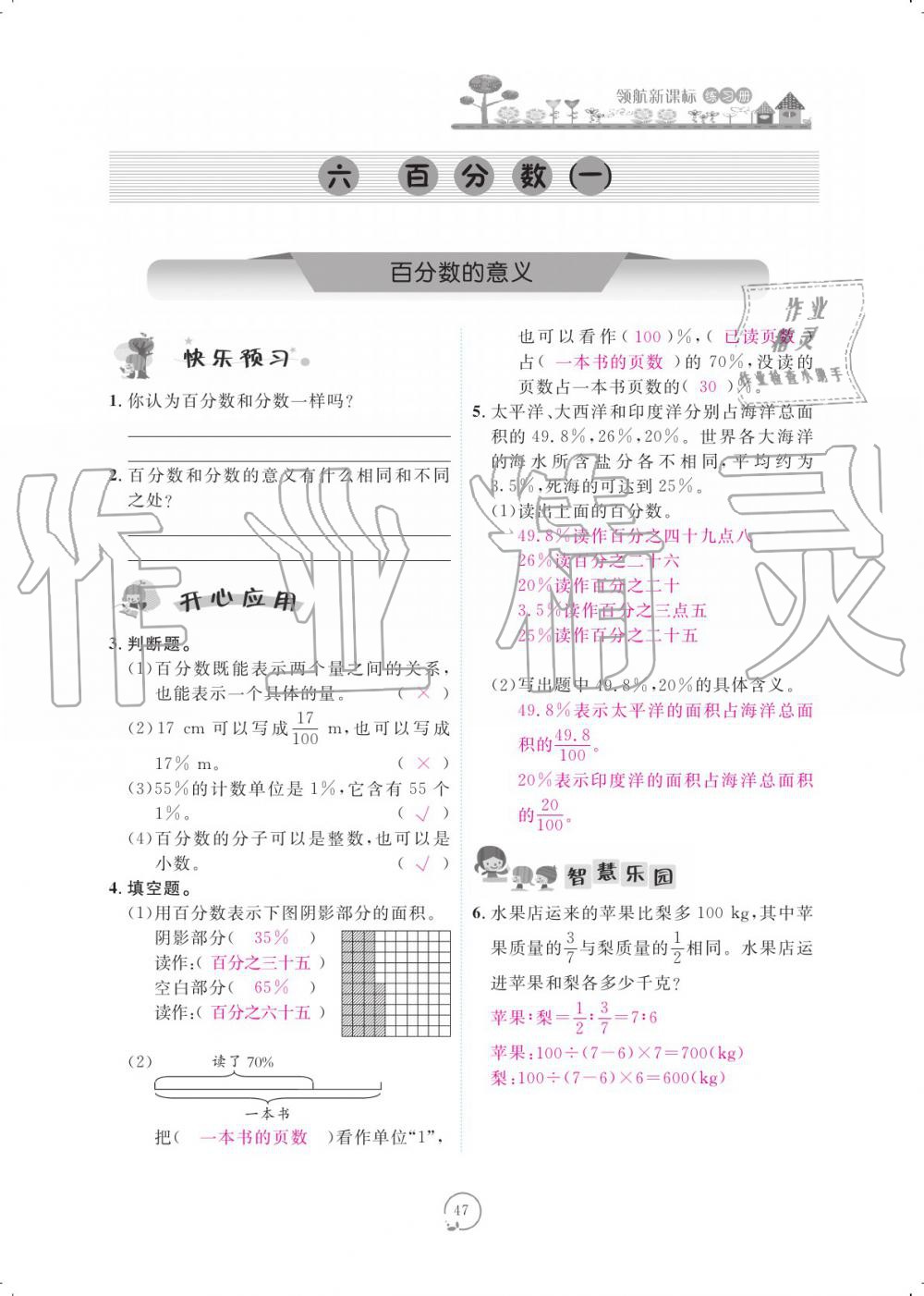 2019年領航新課標數(shù)學練習冊六年級人教版 參考答案第47頁