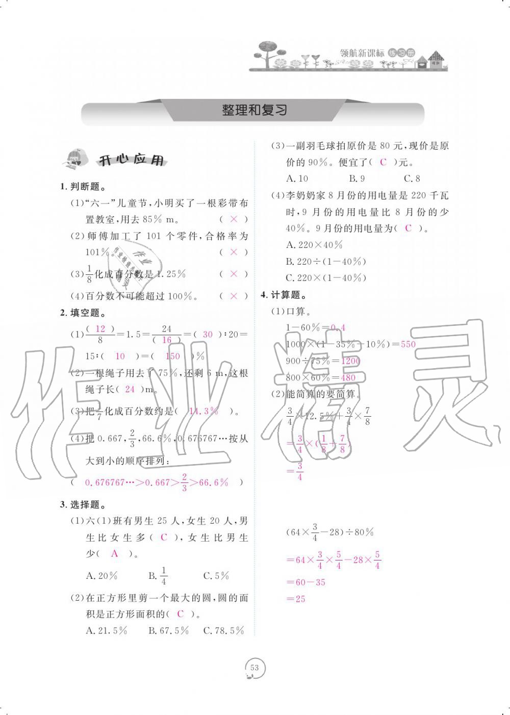 2019年領(lǐng)航新課標(biāo)數(shù)學(xué)練習(xí)冊(cè)六年級(jí)人教版 參考答案第53頁(yè)