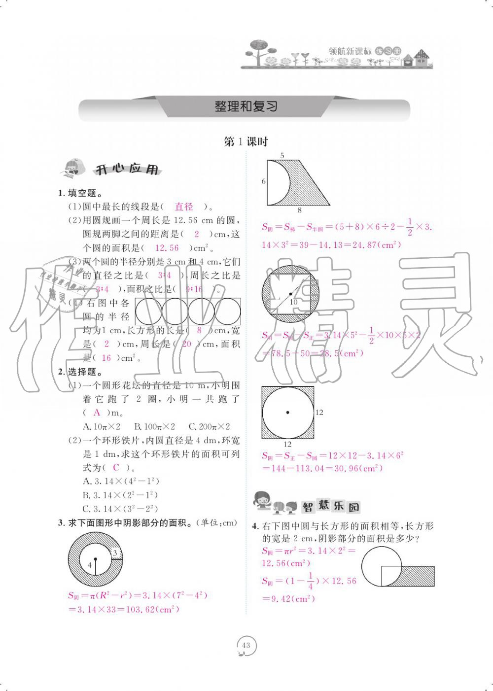 2019年領航新課標數(shù)學練習冊六年級人教版 參考答案第43頁