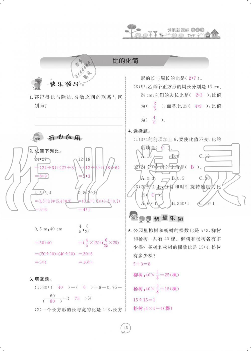 2019年領(lǐng)航新課標(biāo)練習(xí)冊六年級數(shù)學(xué)上冊北師大版 參考答案第45頁