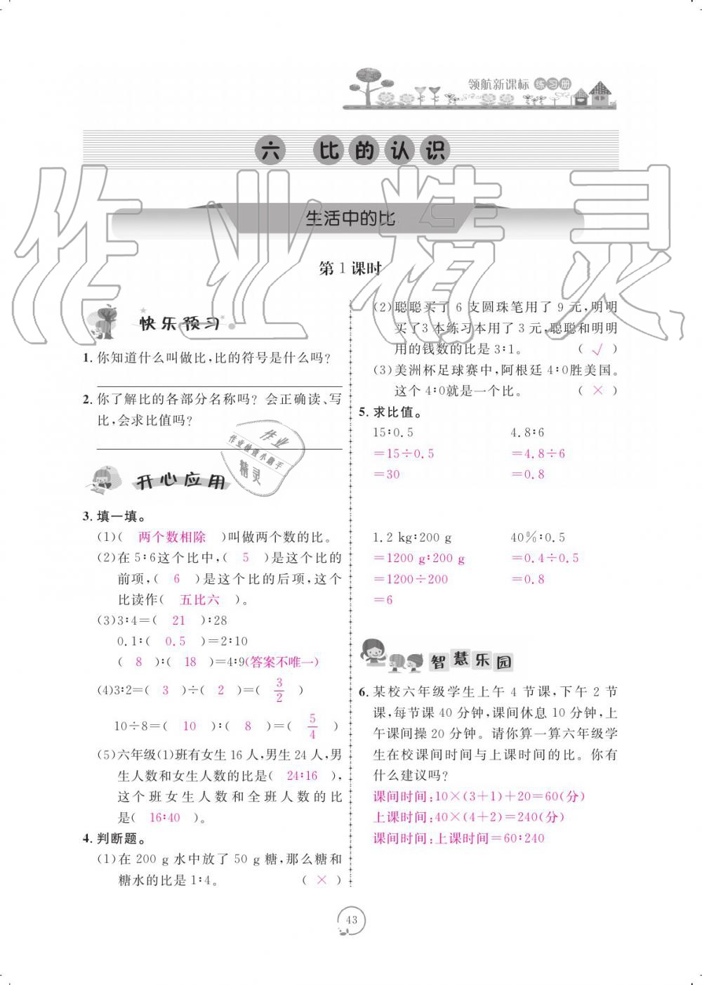 2019年領(lǐng)航新課標(biāo)練習(xí)冊六年級數(shù)學(xué)上冊北師大版 參考答案第43頁