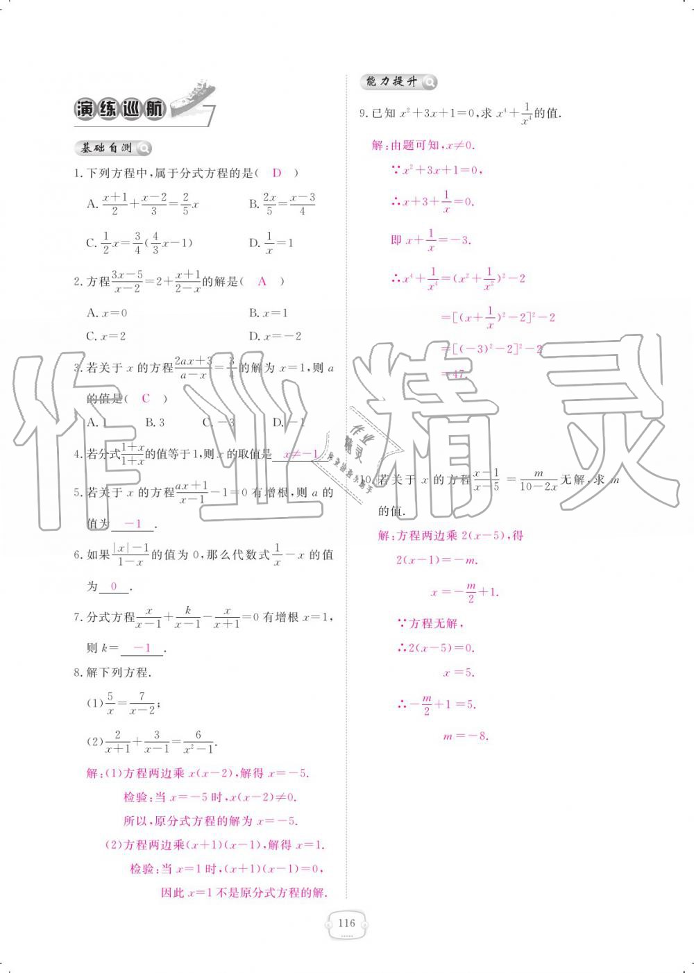 2019年領(lǐng)航新課標(biāo)練習(xí)冊八年級數(shù)學(xué)上冊人教版 參考答案第116頁