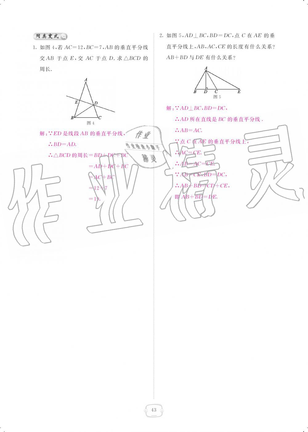 2019年領(lǐng)航新課標練習(xí)冊八年級數(shù)學(xué)上冊人教版 參考答案第43頁