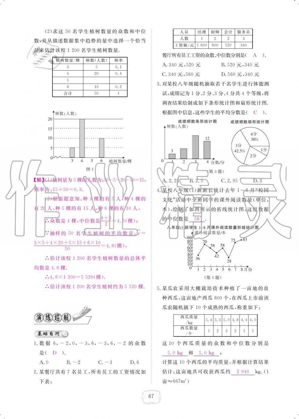 2019年領(lǐng)航新課標(biāo)練習(xí)冊八年級數(shù)學(xué)上冊北師大版 參考答案第87頁