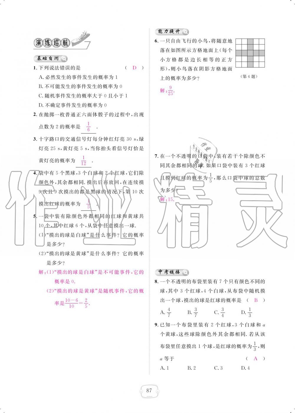 2019年領(lǐng)航新課標(biāo)練習(xí)冊九年級數(shù)學(xué)全一冊人教版 參考答案第87頁