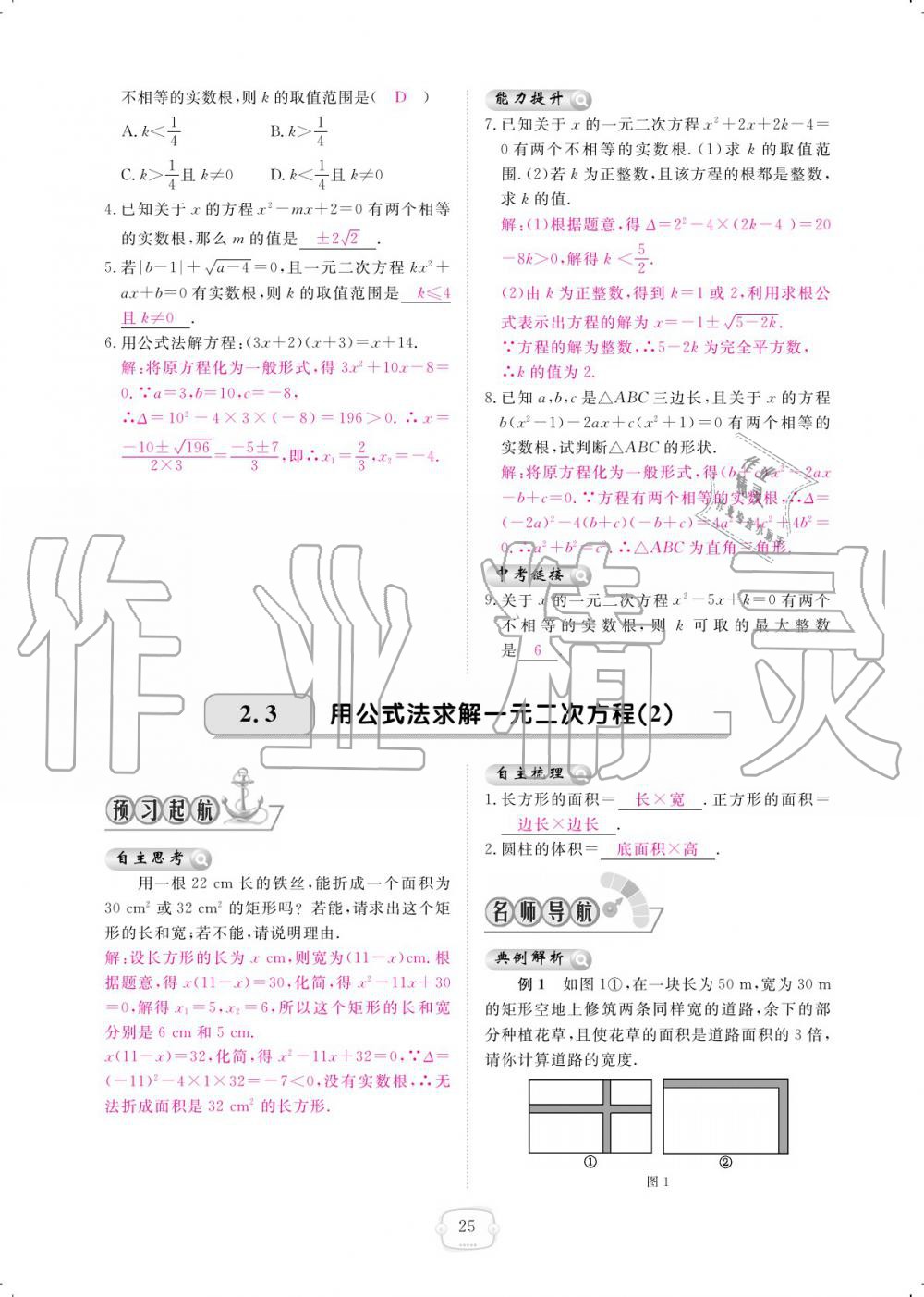 2019年領(lǐng)航新課標(biāo)練習(xí)冊九年級數(shù)學(xué)全一冊北師大版 參考答案第25頁