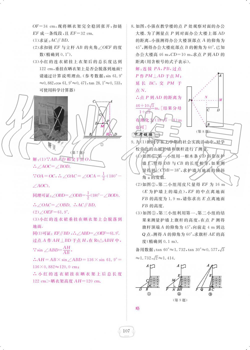 2019年領(lǐng)航新課標(biāo)練習(xí)冊九年級數(shù)學(xué)全一冊北師大版 參考答案第107頁