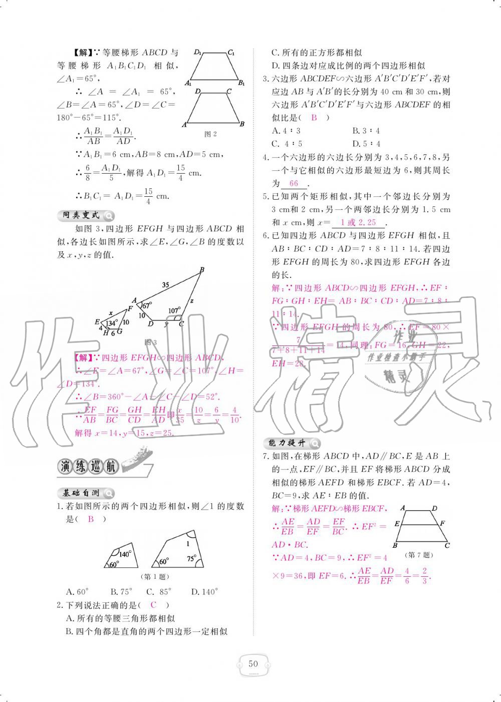 2019年領(lǐng)航新課標(biāo)練習(xí)冊九年級數(shù)學(xué)全一冊北師大版 參考答案第50頁