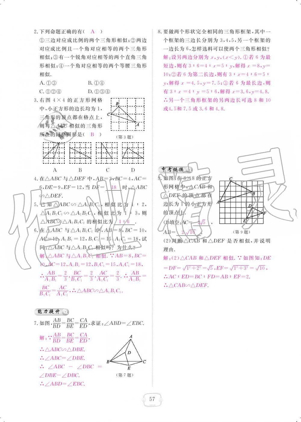 2019年領(lǐng)航新課標(biāo)練習(xí)冊九年級數(shù)學(xué)全一冊北師大版 參考答案第57頁