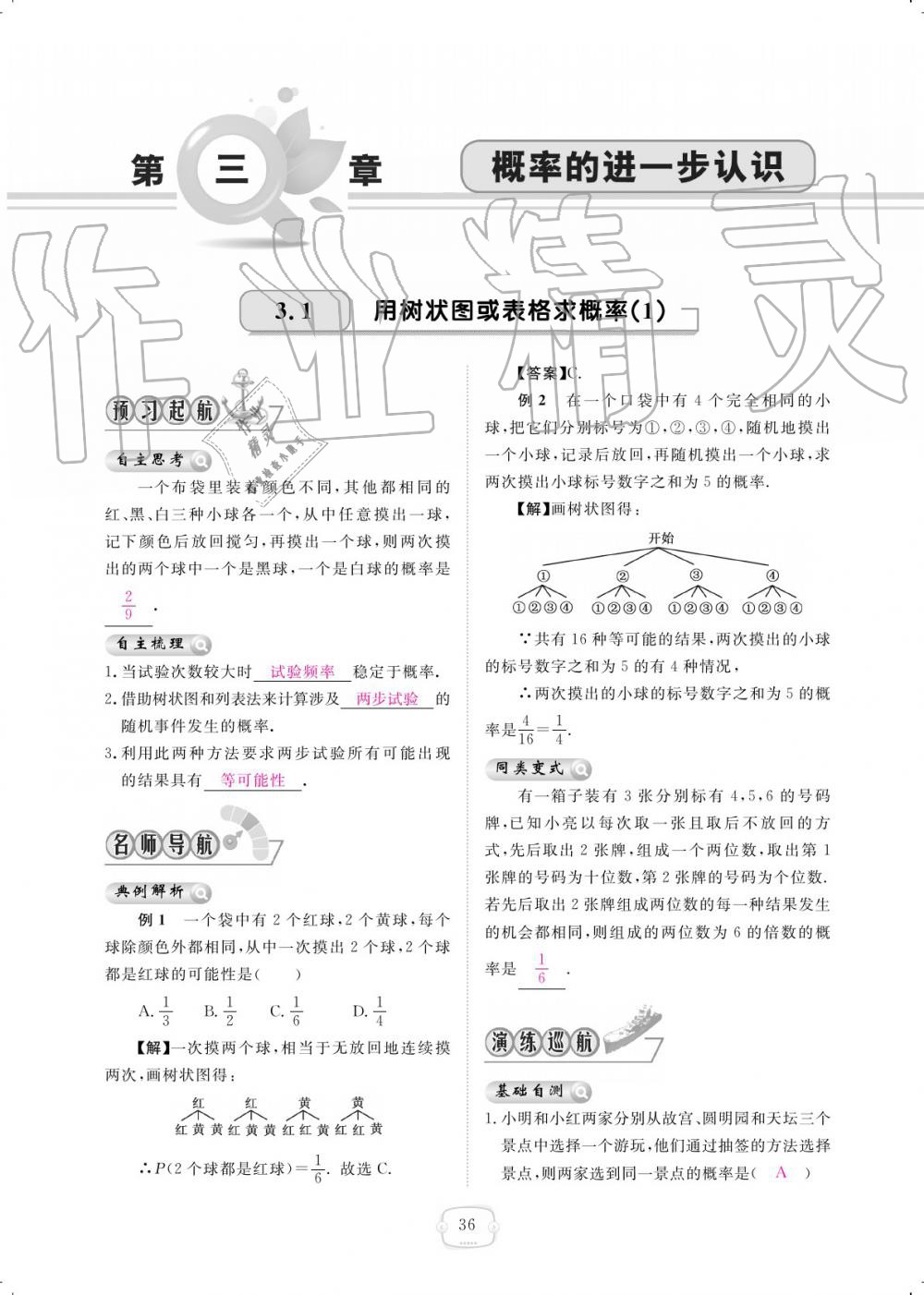 2019年領(lǐng)航新課標(biāo)練習(xí)冊(cè)九年級(jí)數(shù)學(xué)全一冊(cè)北師大版 參考答案第36頁(yè)