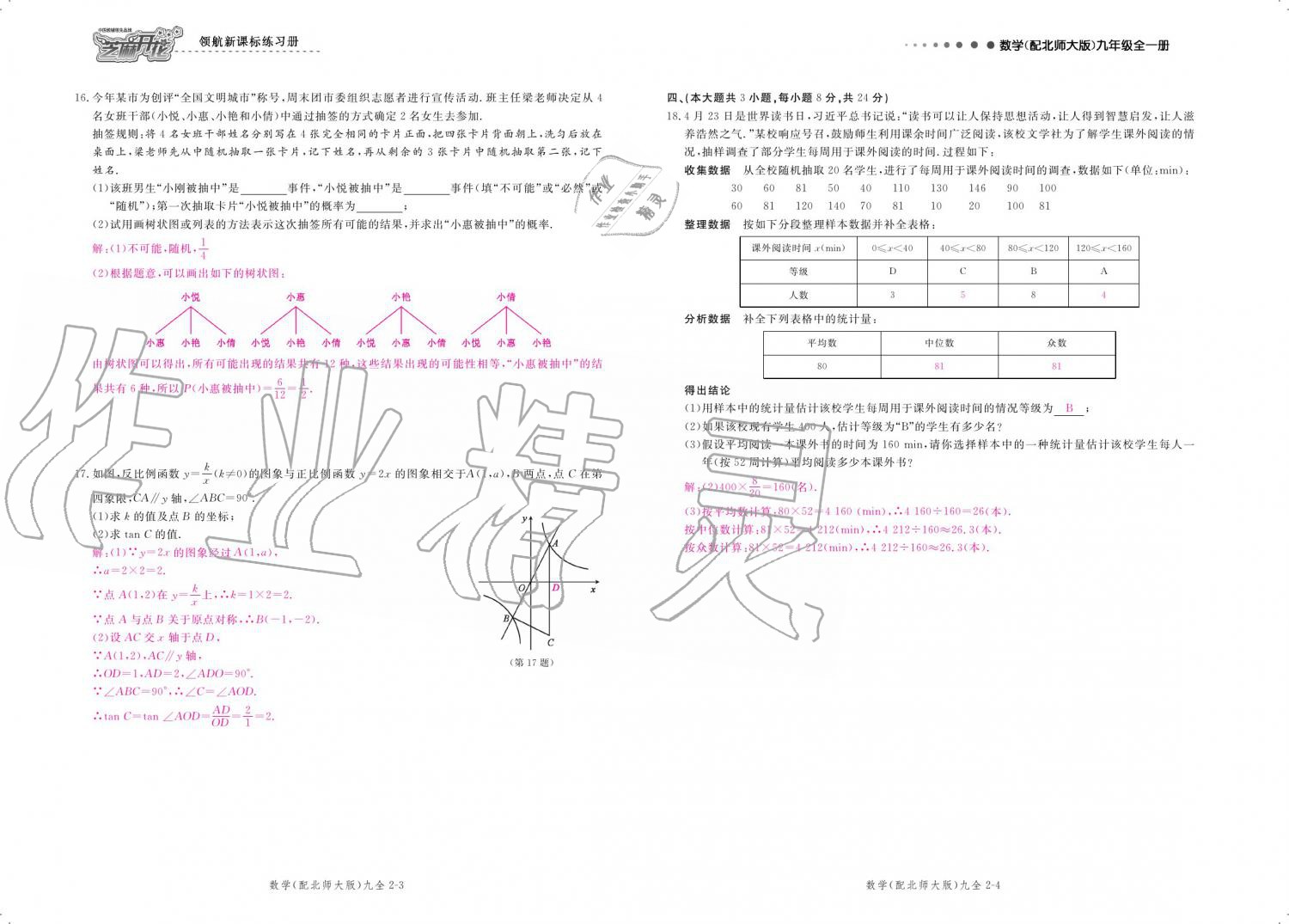 2019年領航新課標練習冊九年級數(shù)學全一冊北師大版 參考答案第176頁