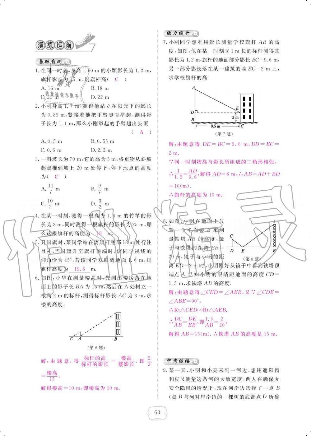 2019年領(lǐng)航新課標練習冊九年級數(shù)學全一冊北師大版 參考答案第63頁