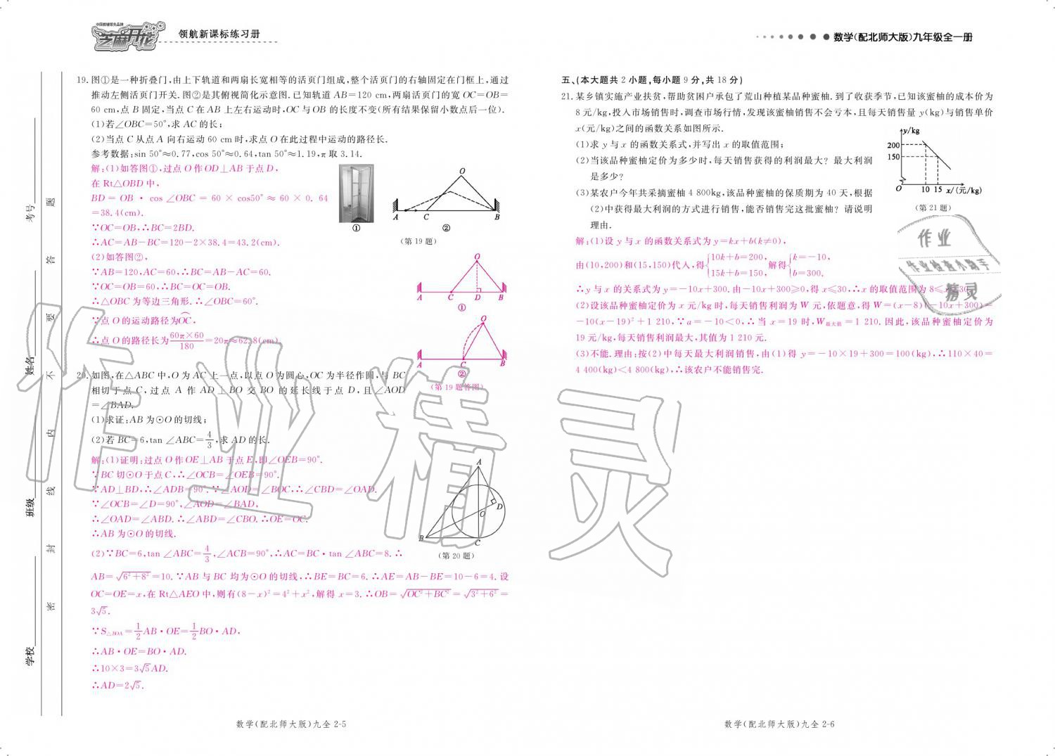 2019年領航新課標練習冊九年級數(shù)學全一冊北師大版 參考答案第177頁